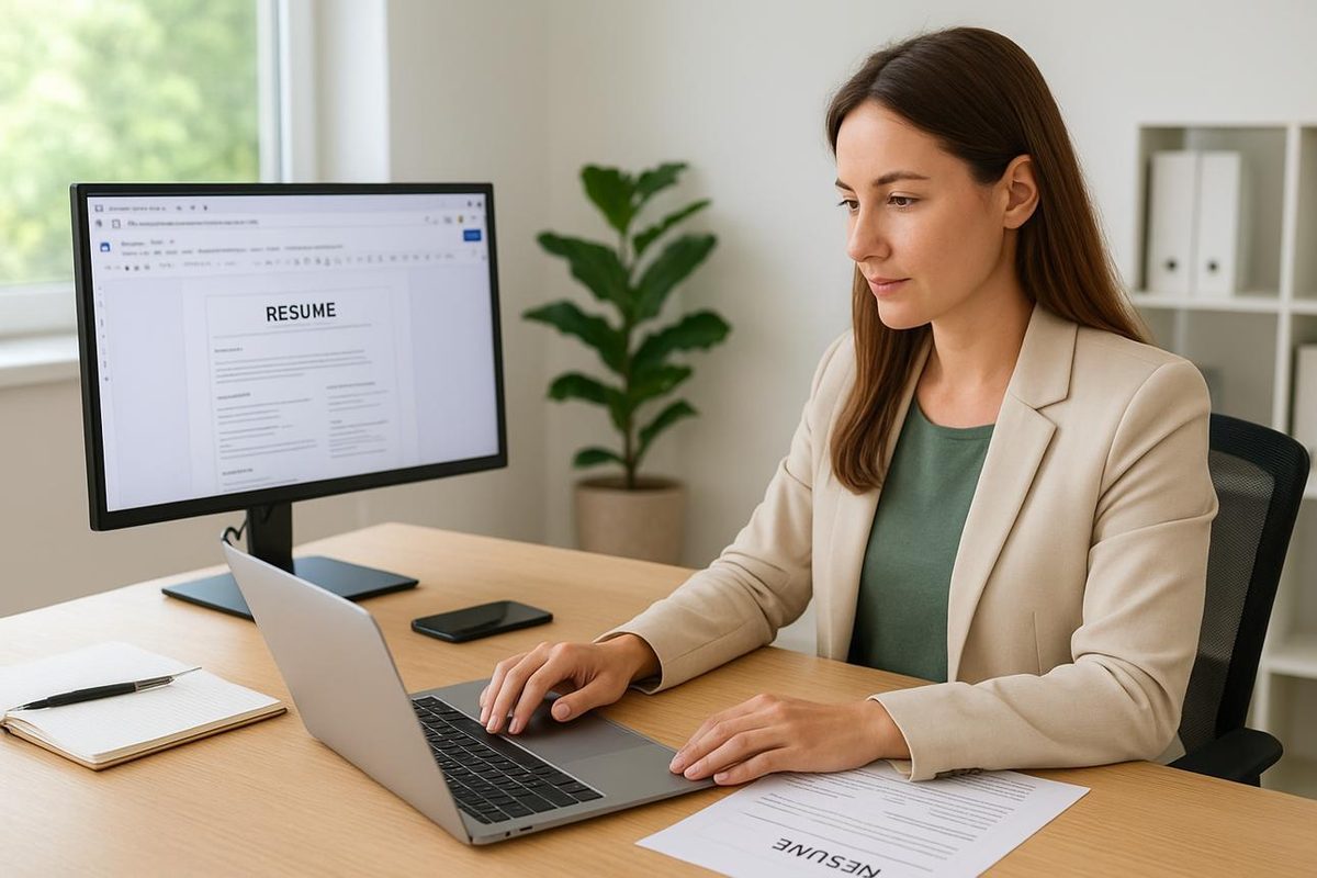 Recruitment consultant screening candidate CVs on a laptop